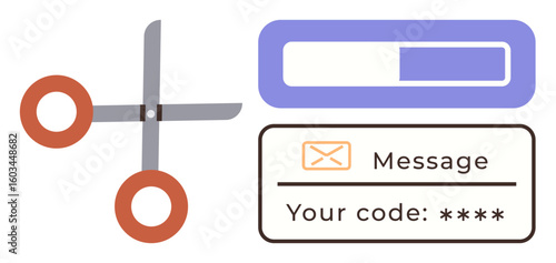 Scissors near password box and email code message, signifying cutting security risks. Ideal for cybersecurity, online protection, verification, password management, hacking prevention, safety