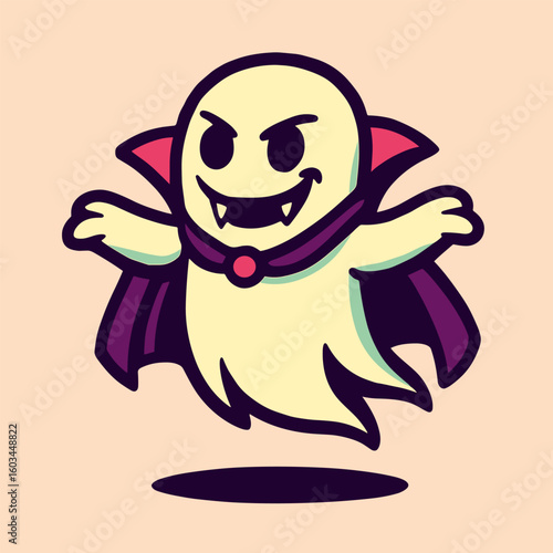 A mischievous ghost in a vampire outfit floats with arms wide and a spooky grin, set against a soft pastel background.