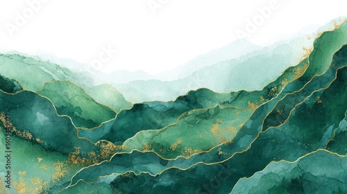 Watercolor mountains landscape in shades of green with gold accents