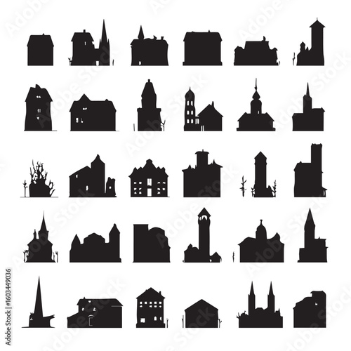 vector illustration of building silhouette set, Black & White silhouette set
