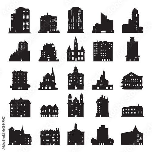 vector illustration of building silhouette set, Black & White silhouette set
