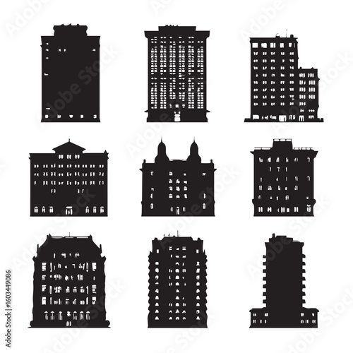 vector illustration of building silhouette set, Black & White silhouette set