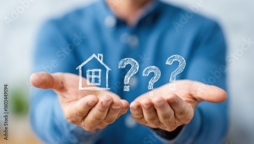 A person presents a home concept alongside questions symbolizing real estate uncertainties and decisions regarding property ownership.