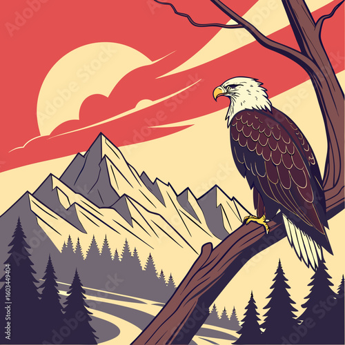 Majestic Eagle Perched: A symbol of freedom, strength, and the vast expanse of nature, this stylized illustration presents a bald eagle in a commanding pose.