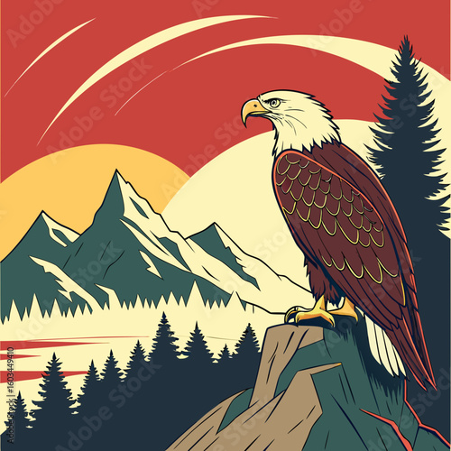 Majestic Eagle Perched: A stylized illustration of a bald eagle, a symbol of freedom, perched on a cliff, gazing out over a stunning landscape with mountains and trees.