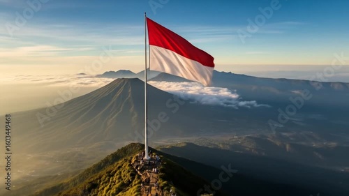 Majestic Indonesian Flag Waving on Mountain Peak at Sunrise with Clouds