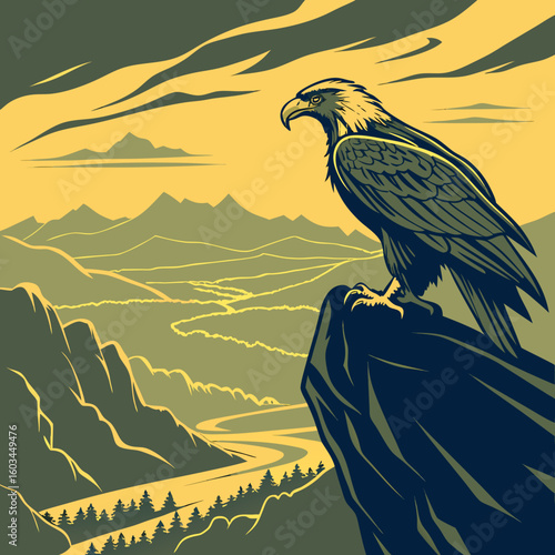  Majestic Eagle on the Peak: An illustration of a powerful eagle perched atop a rugged mountain peak, surveying a vast landscape under a dramatic sky.