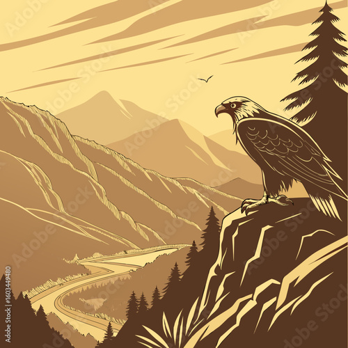 Majestic Eagle's Perch: A strong eagle stands proudly atop a rugged cliff, commanding a panoramic view of majestic mountains, endless horizons and serene scenery.