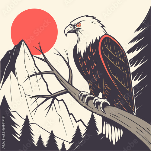 Eagle's Vigil: An eagle perches majestically on a branch, its gaze fixed with intent as it surveys a mountainous landscape under the crimson sun. Evoking a sense of power, freedom.