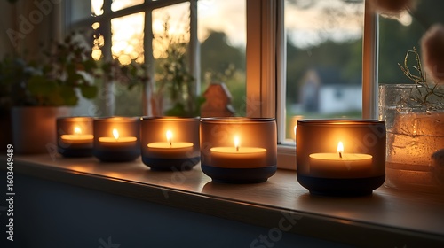 Five Lit Candles Glow Softly On A Windowsill
