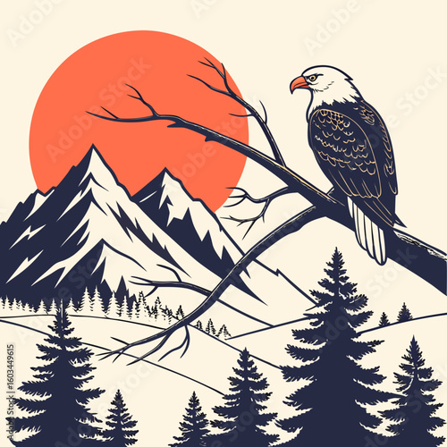 Majestic Eagle Perched at Sunset: A regal bald eagle perched serenely on a tree branch, its gaze fixed on a backdrop of mountains and a setting sun.