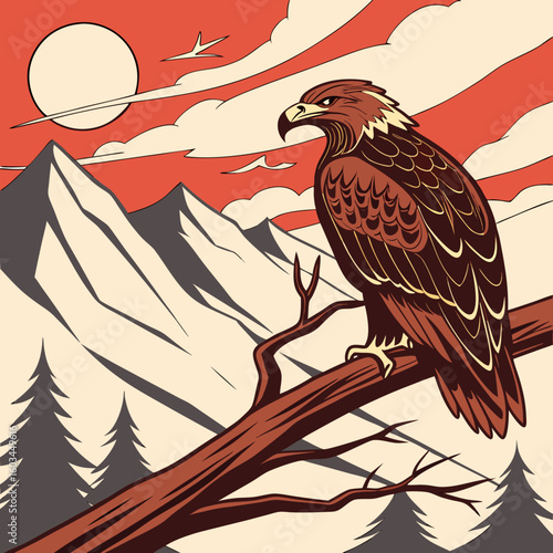 Majestic Eagle's Perch: An eagle surveys a mountainous vista from a tree branch, presented in a dynamic art style.