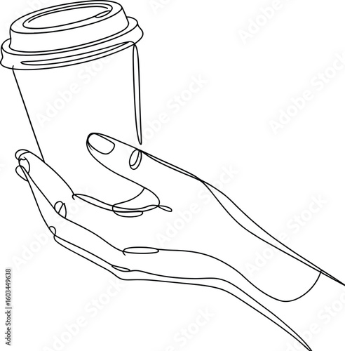 Hand holding a disposable coffee cup with lid and straw outline drawing