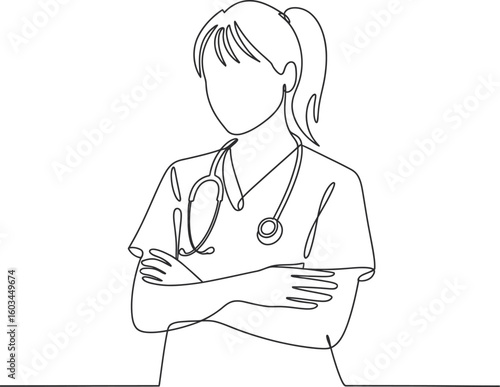 Minimalist line drawing of a confident female doctor with arms crossed