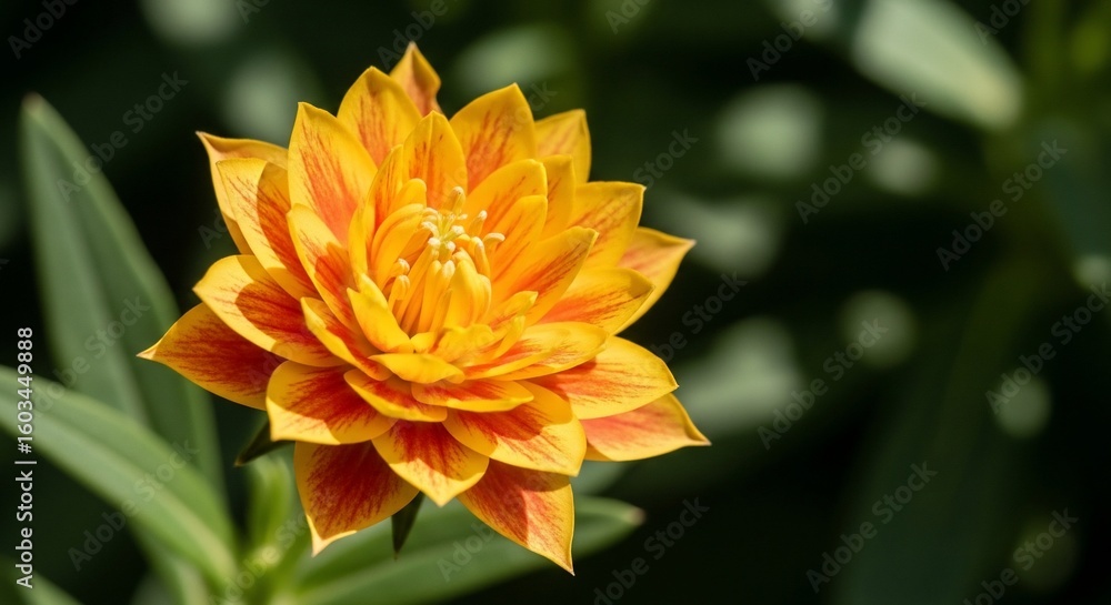 Sunlit Golden Zinnia with Red-Orange Streaks Against Dark Bokeh. Sunlit Golden Zinnia with Red-Orange Streaks Against Dark Bokeh.