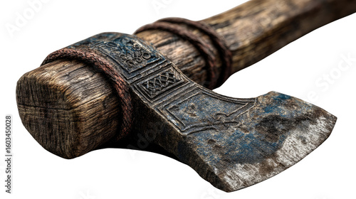 Ancient Axe: A close-up shot of an ancient axe with a wooden handle and intricate carvings, exuding an aura of history and craftsmanship.