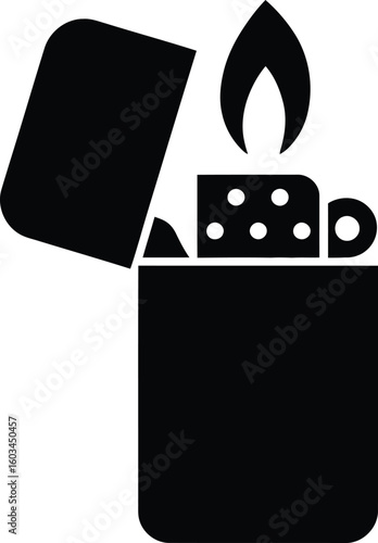 Black silhouette of a classic windproof lighter with an open lid and flame