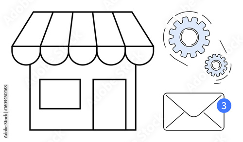 Storefront under a striped awning alongside gears and a notification badge on an envelope. Ideal for retail, business operations, communication, automation, messaging, innovation, customer service