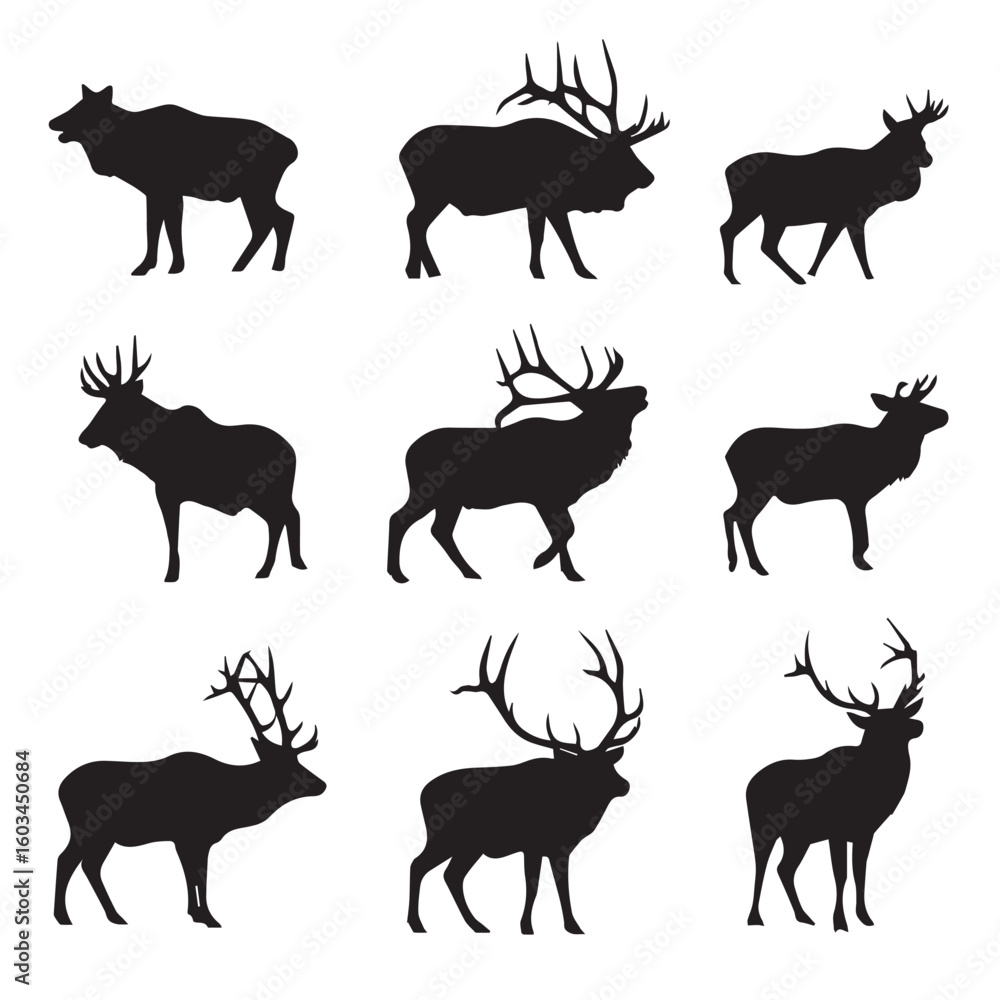 Fototapeta premium vector illustration of bull elk silhouette set, Black & White silhouette set