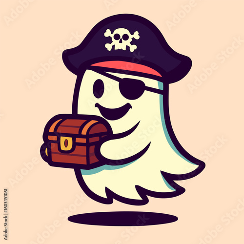 A proud ghost pirate stands tall with an eyepatch and hat, clutching a small treasure chest against a plain backdrop.