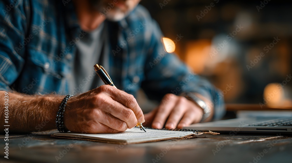 Obraz premium Close-up of a person writing in a notebook.