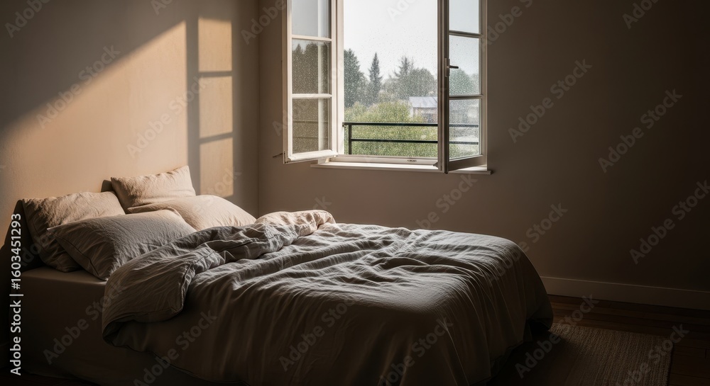 Fototapeta premium Bedroom Interior with Bed and Open Window on Rainy Day