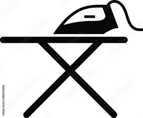 Simple black and white icon of an iron on an ironing board