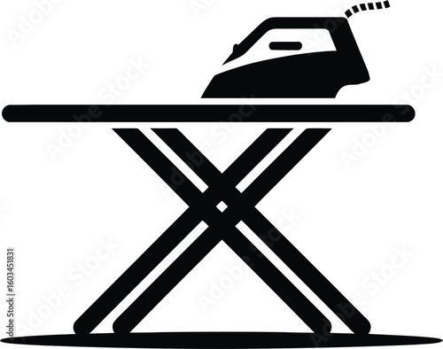 Simple black and white icon of an iron on an ironing board