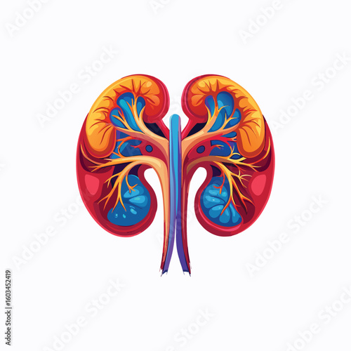 Stylized human kidney anatomy with blood vessels isolated on white background