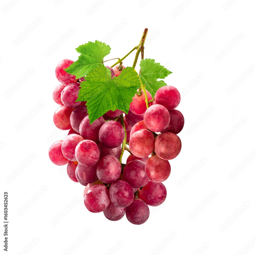 Fototapeta premium Bunch of red grapes with leaves isolated on white background.