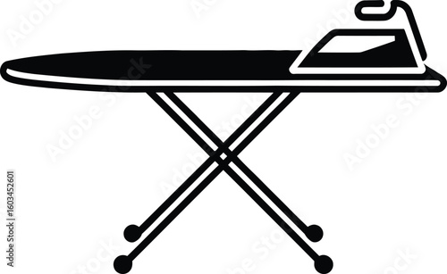 Simple black and white illustration of an ironing board with an iron
