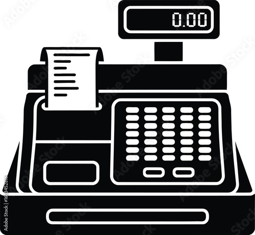 Black and white illustration of a cash register with a receipt and display