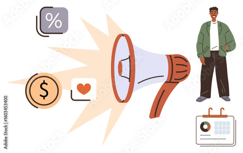 Megaphone amplifying symbols of money, percentage, and thumbs ups next to a smiling man and a calendar. Ideal for marketing, communication, advertising, customer engagement, sales, business public