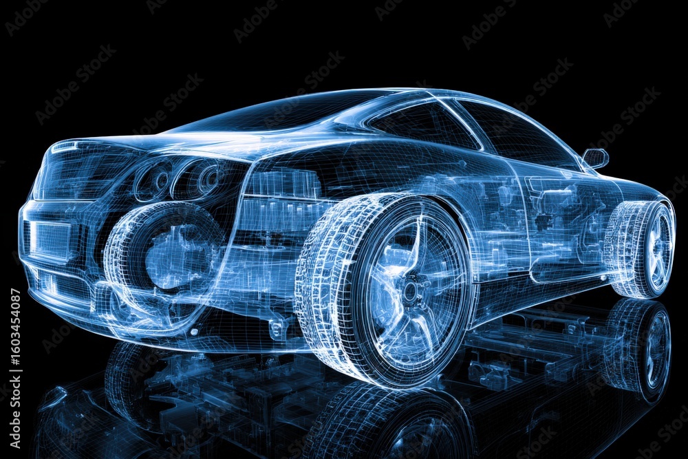 Naklejka premium Highly detailed futuristic blue wireframe digital rende of a sports car showcasing advanced automotive technology and aerodynamic design features