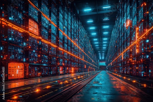 Modern high-tech fully automated warehouse with extensive inventory storage racks illuminated with vibrant blue and orange LED lighting