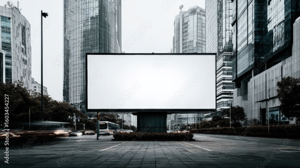 Modern empty cityscape with tall glass skyscrapers sleek modern architecture urban buildings and large digital billboard in downtown commercial district Modern empty cityscape with tall glass skyscrapers sleek modern architecture urban buildings and large digital billboard in downtown commercial district