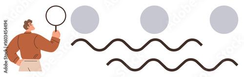 Person holding magnifying glass examining geometric shapes thumbs up dots and waves. Ideal for research, analysis, exploration, observation, focus, attention to detail, innovation. Simple flat