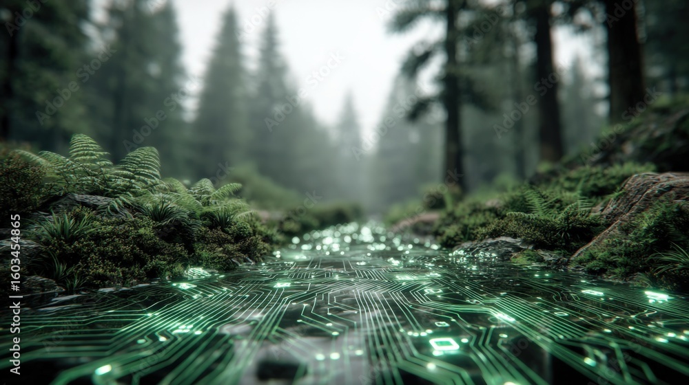 Obraz premium Futuristic digital landscape of a lush green forest with glowing circuit pathways and tall trees under misty sky for technology and nature fusion concept