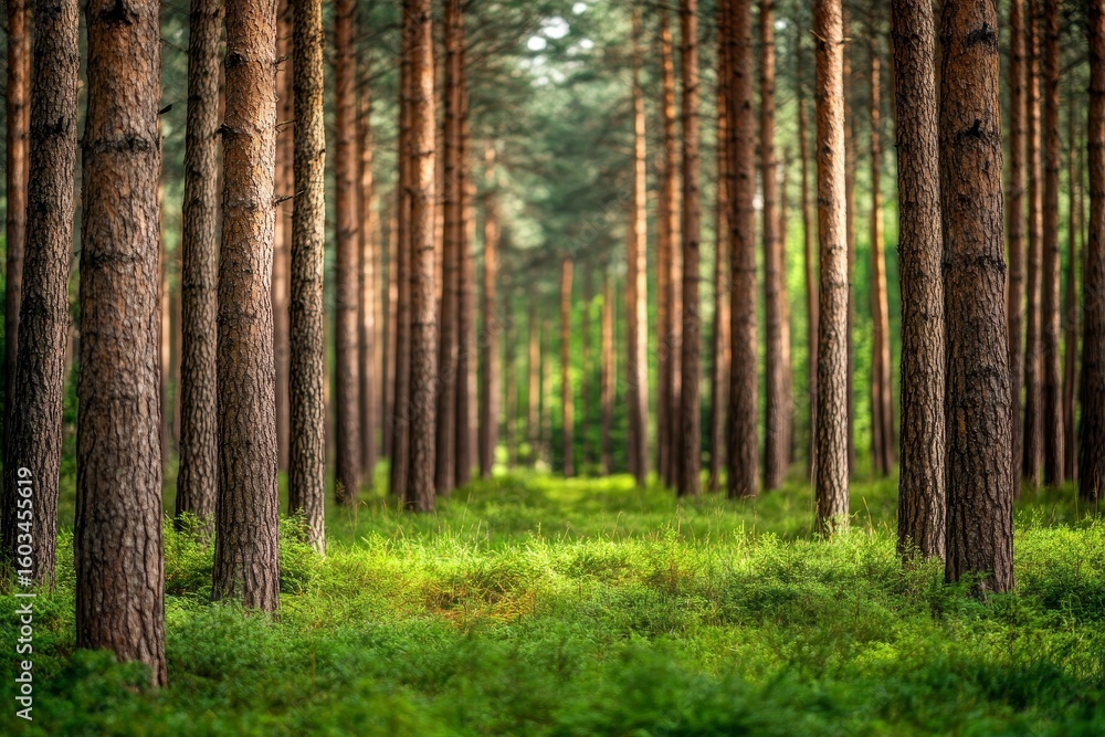 Naklejka premium The image has a blurred pine forest in the background, accompanied by lush green grass with blueberry tones, and a sharp focus on the foreground