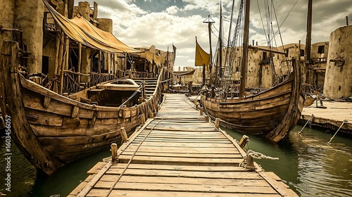 Ancient port scene with wooden ships