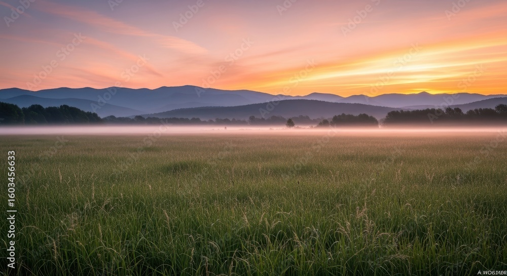 Obraz premium Fog Over Meadow at Sunrise, Mountains in Distance