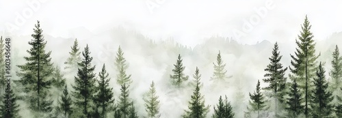 A travel illustration featuring Scandinavian nature includes a seamless watercolor pattern of a mountain landscape, with green mountains and forest as its main elements