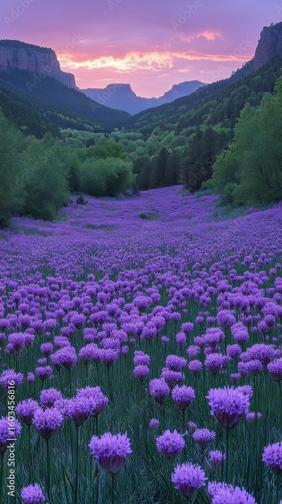 Obraz premium Purple flower field at sunset, mountain valley