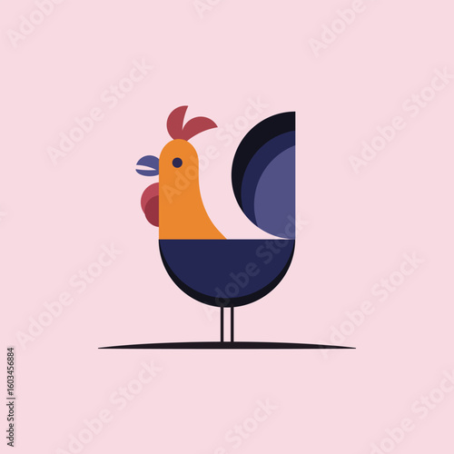 Colorful rooster illustration with innovative geometric design balancing colors and shapes in an innovative image