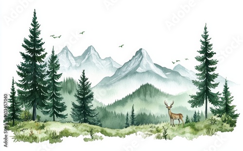 In this watercolor illustration, a mountain landscape serves as the backdrop for a green forest with pine trees and a deer