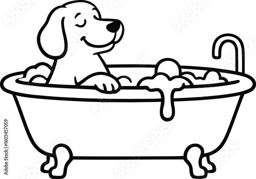 Happy dog enjoying a relaxing bubble bath in a vintage clawfoot tub