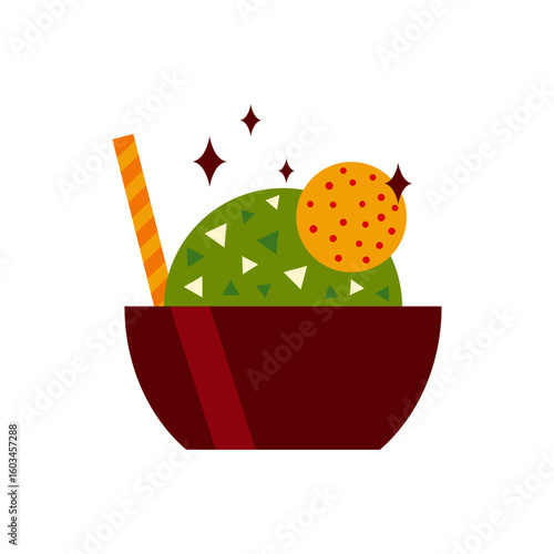 A vibrant image depicting a bowl containing abstract designs resembling food, with decorative elements including stars and unique patterns.