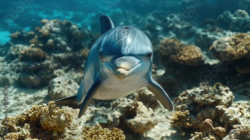 Diver explores vibrant coral reef while documenting dolphin underwater camera, maintaining respectful distance promote ethical wildlife photography and marine conservation