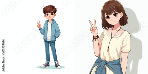 vector image of teenage men and women in peace pose