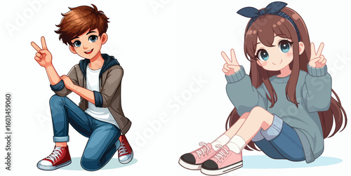 vector image of teenage men and women in peace pose